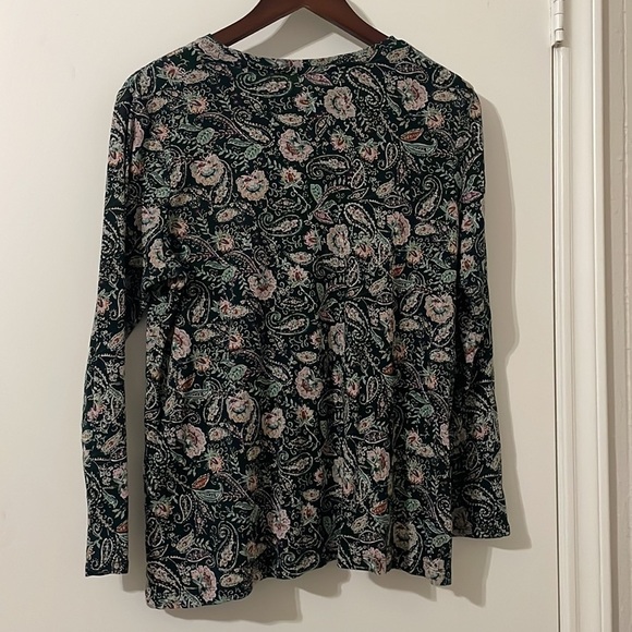 J.Jill Green Paisley Floral Long Sleeve Pima Crew-Neck High-Low Tee Size LP - Picture 3 of 7